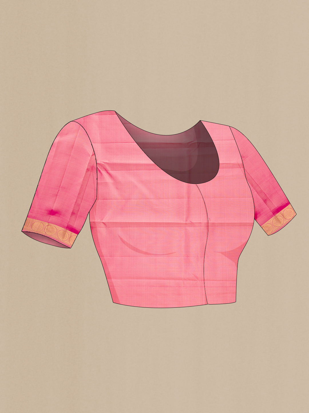Close up image of the blouse of Beige Kanchipuram Silk Saree with Zari Butta on the body and Zari Border. 