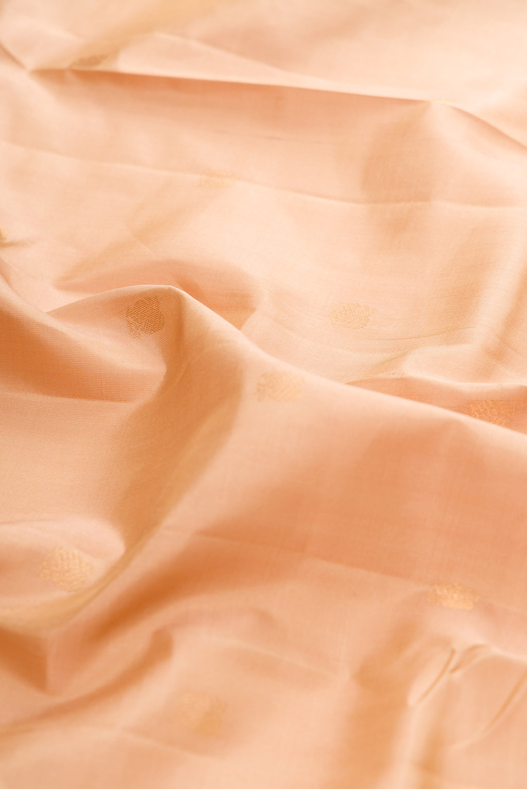 Close up of Beige Kanchipuram Silk Saree with Zari Butta on the body and Zari Border.  displaying folds