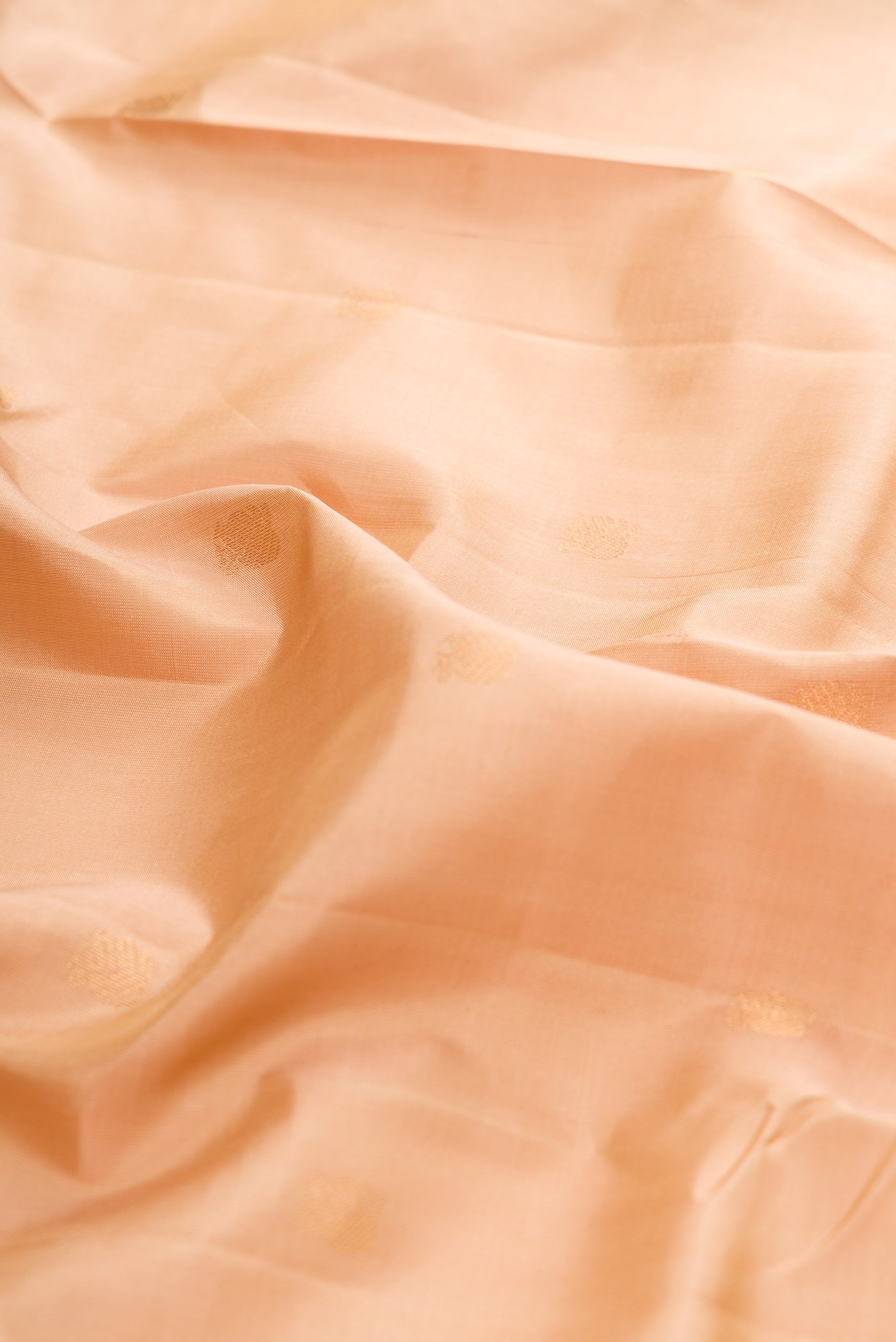 Close up of Beige Kanchipuram Silk Saree with Zari Butta on the body and Zari Border.  displaying folds