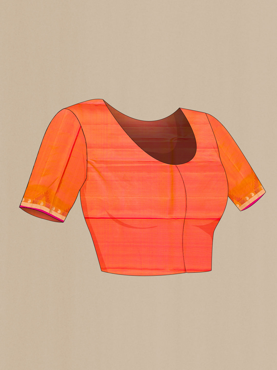 Close up image of the blouse of Pink Kanchipuram Silk Saree with Zari Butta on the body and Zari Border. 