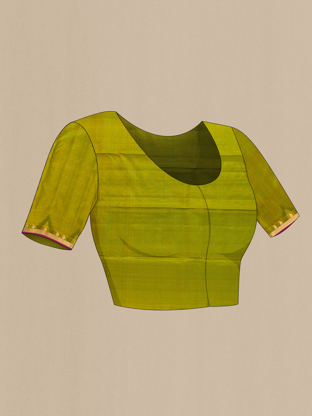Close up image of the blouse of Green Kanchipuram Silk Saree with Zari Butta on the body and Zari Border. 