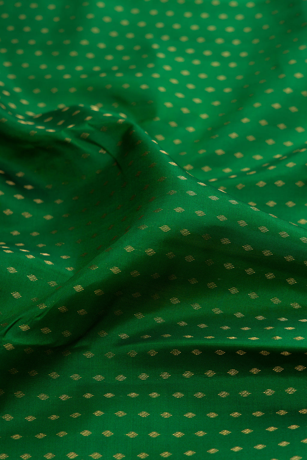 Close up of Green Kanchipuram Silk Saree with Zari Butta on the body and Zari Border.  displaying folds