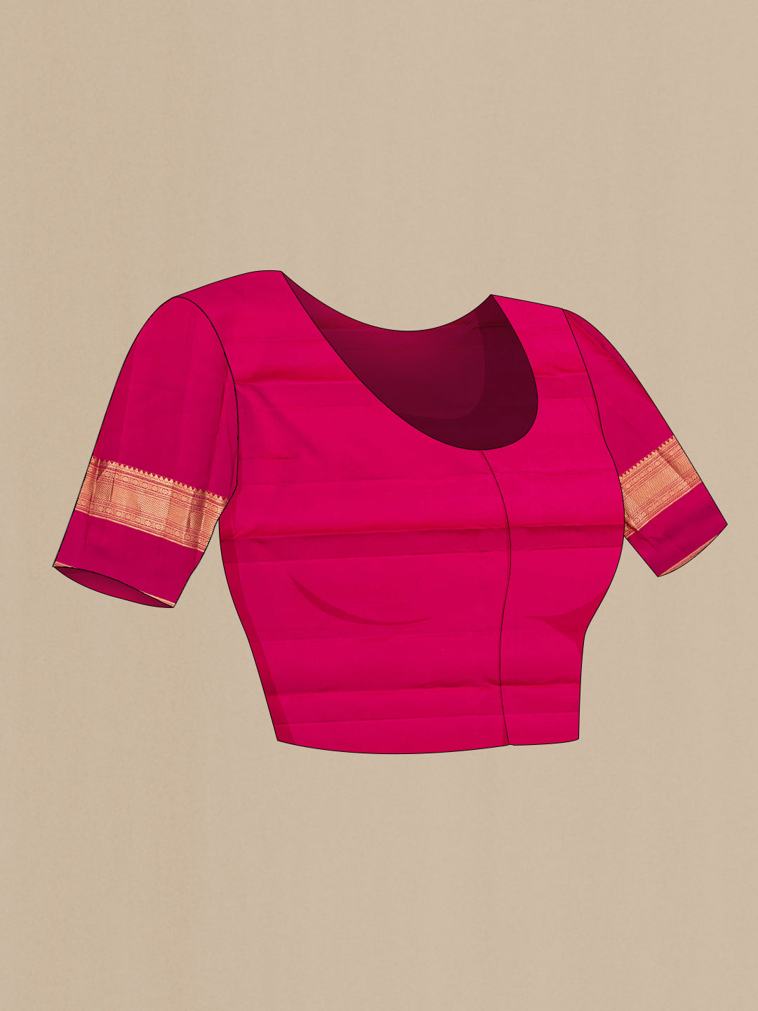 Close up image of the blouse of Magenta Kanchipuram Silk Saree with Zari Butta on the body and Ganga Jamuna Border. 