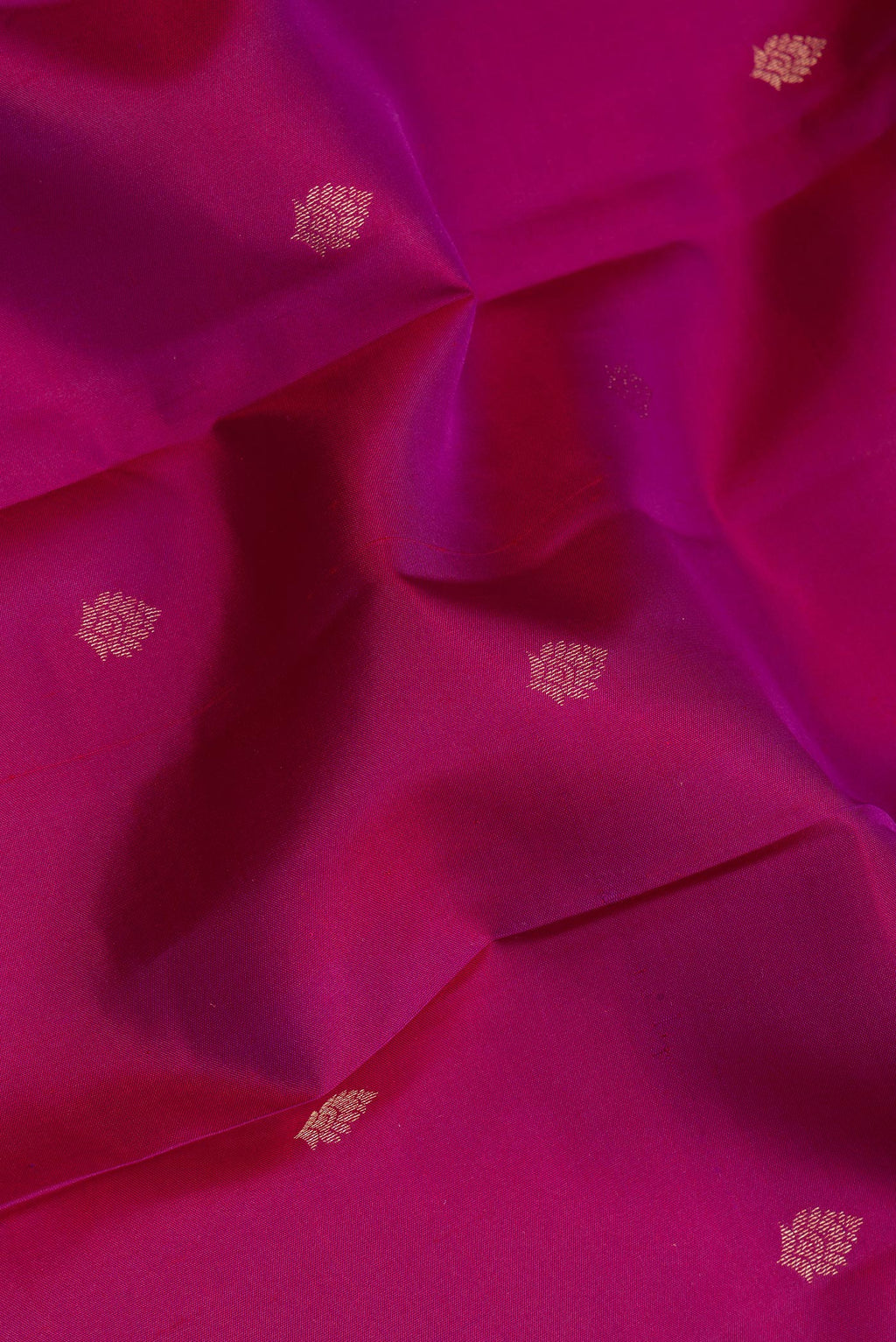Close up of Magenta Kanchipuram Silk Saree with Zari Butta on the body and Ganga Jamuna Border.  displaying folds