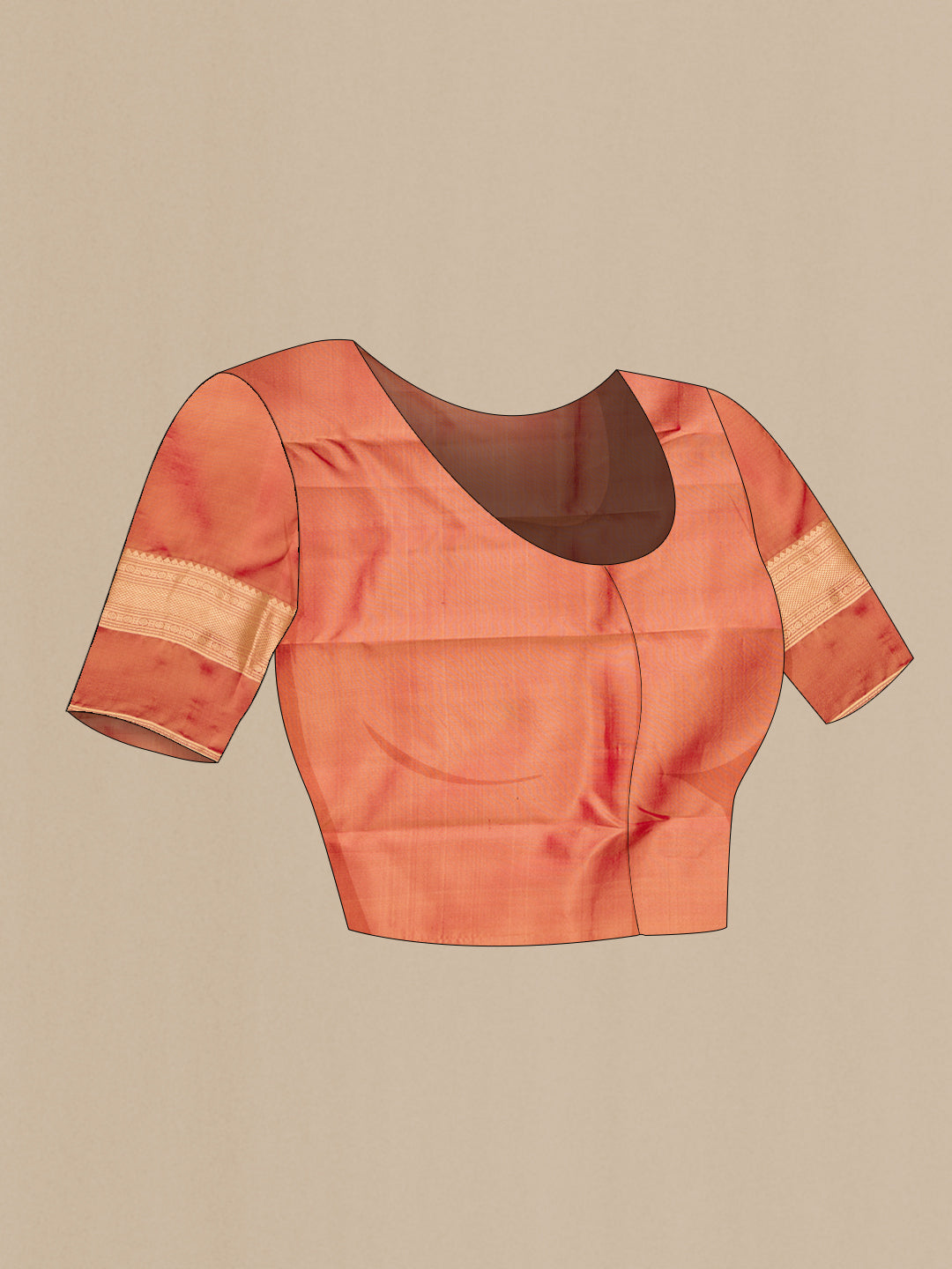 Close up image of the blouse of Sandal Kanchipuram Silk Saree with Zari Butta on the body and Ganga Jamuna Border. 