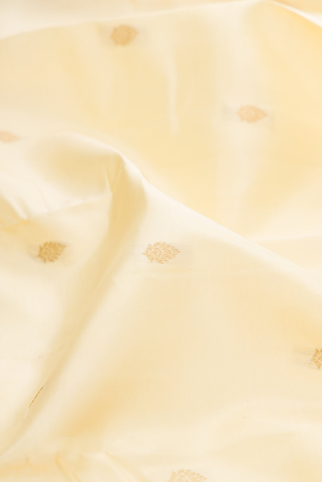 Close up of Cream Kanchipuram Silk Saree with Zari Butta on the body and Ganga Jamuna Border.  displaying folds