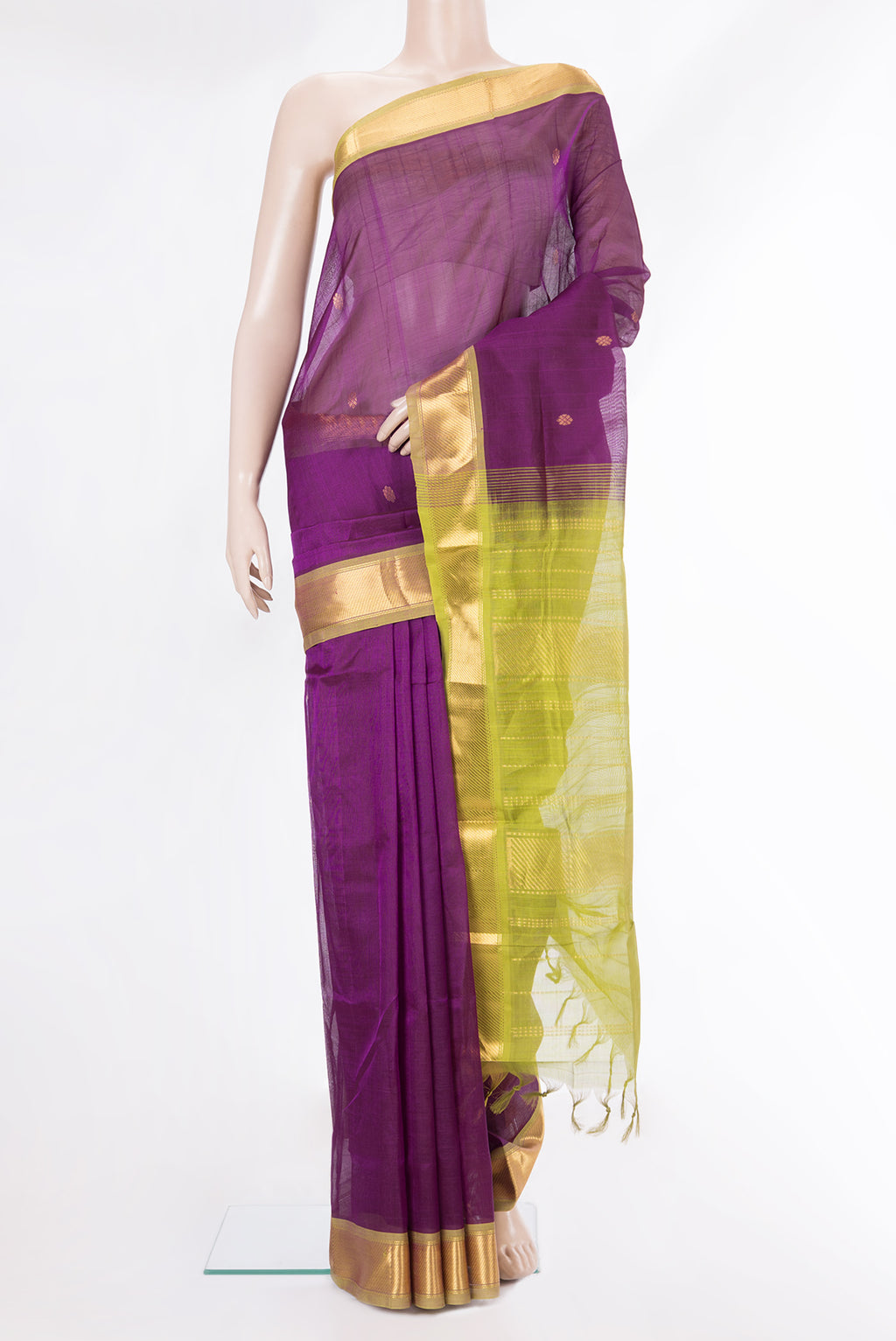 Purple Dual Tone Silk Cotton Saree with Zari Butta on the body and Zari Border.  displayed on a mannequin