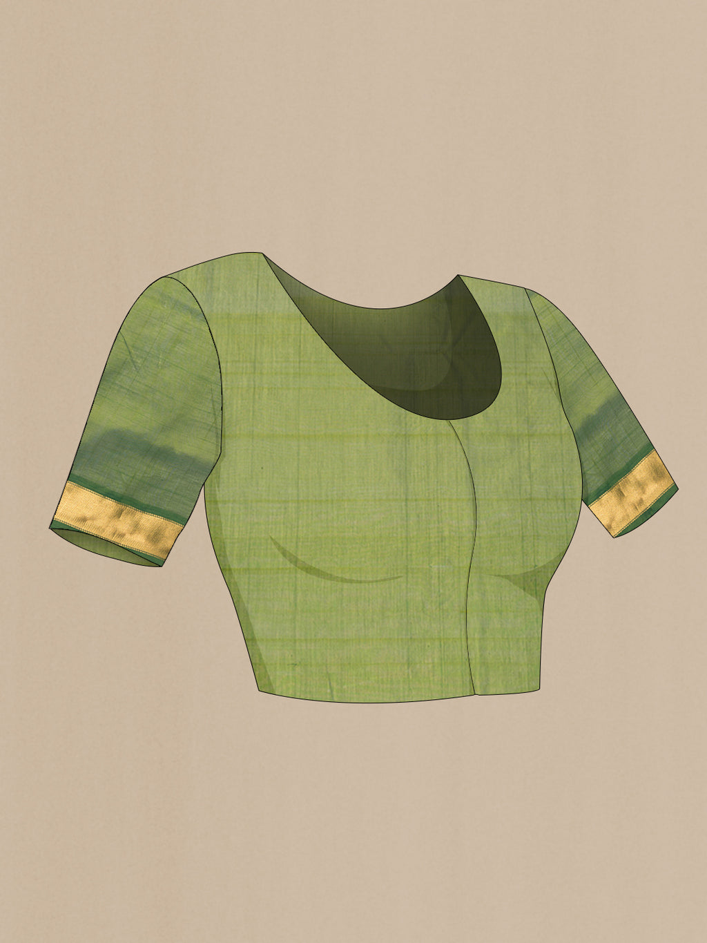 Close up image of the blouse of Mustard Dual Tone Silk Cotton Saree with Plain Body and Zari Border. 