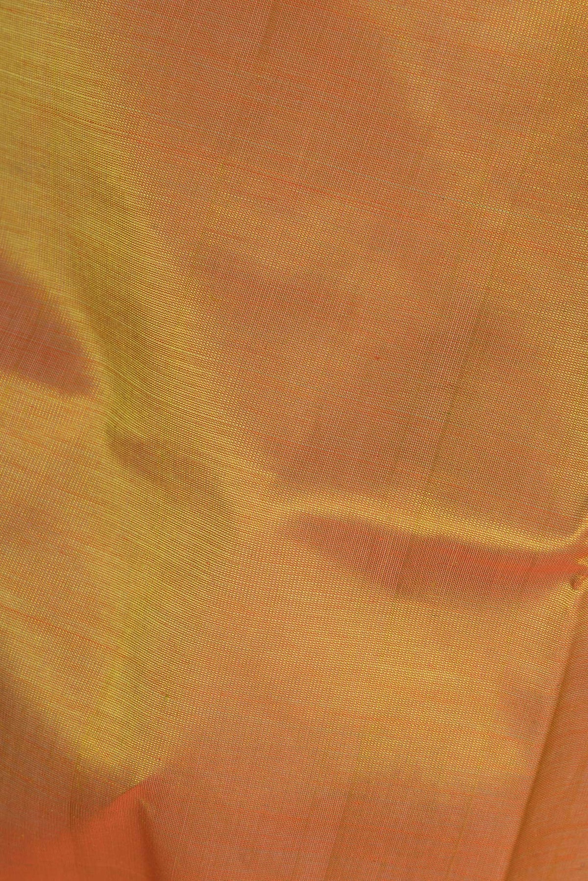 Close up of Mustard Dual Tone Silk Cotton Saree with Plain Body and Zari Border.  displaying folds