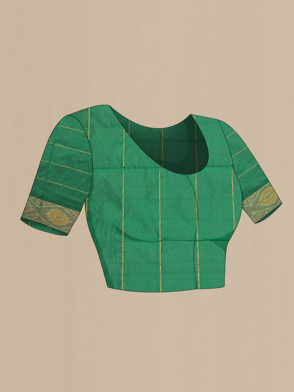 Close up image of the blouse of Mustard Silk Cotton Saree with Checked design on the body and Ikat Border. 