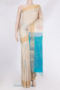 Pure Silk Beige Soft Saree with Zari And Thread Butta on the body and Zari Border.  displayed on a mannequin