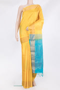 Pure Silk Yellow Soft Saree with Zari And Thread Butta on the body and Zari Border.  displayed on a mannequin