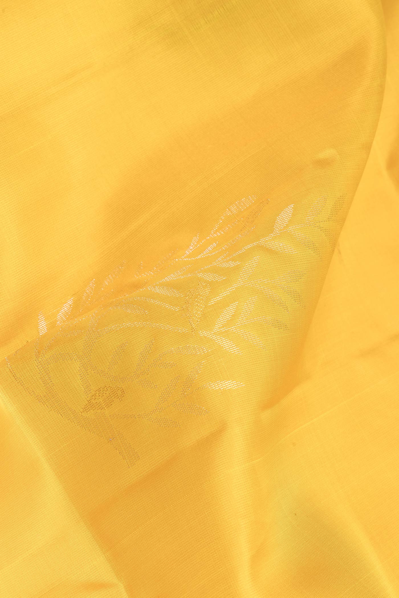 Close up of Yellow Soft Silk Saree with Zari Butta on the body and Zari Border.  displaying folds