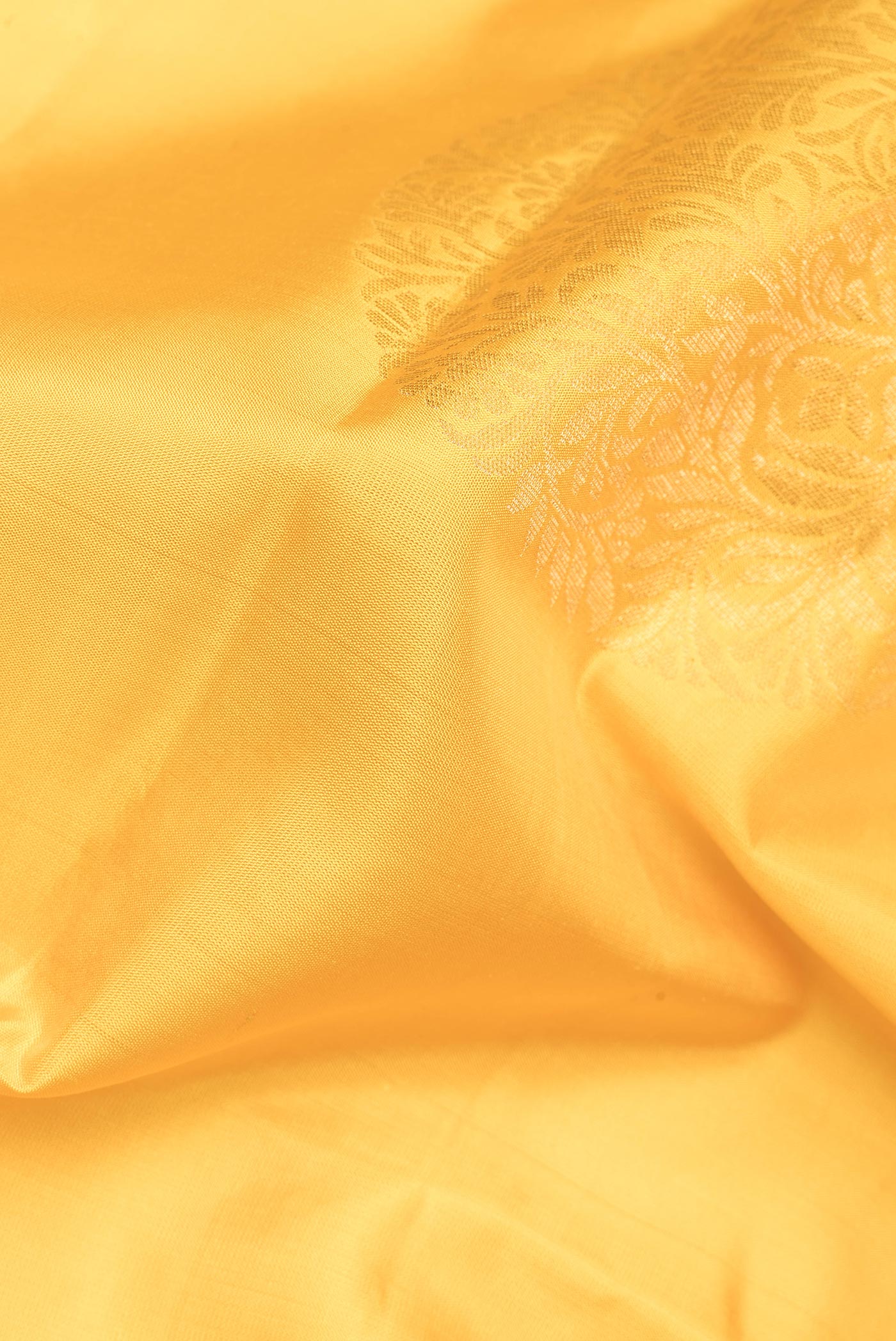 Close up of Pure Silk Yellow Soft Saree with Zari Butta on the body and Plain Border.  displaying folds