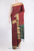 Pure Silk Maroon Soft Saree with Zari Butta on the body and Zari Border.  displayed on a mannequin