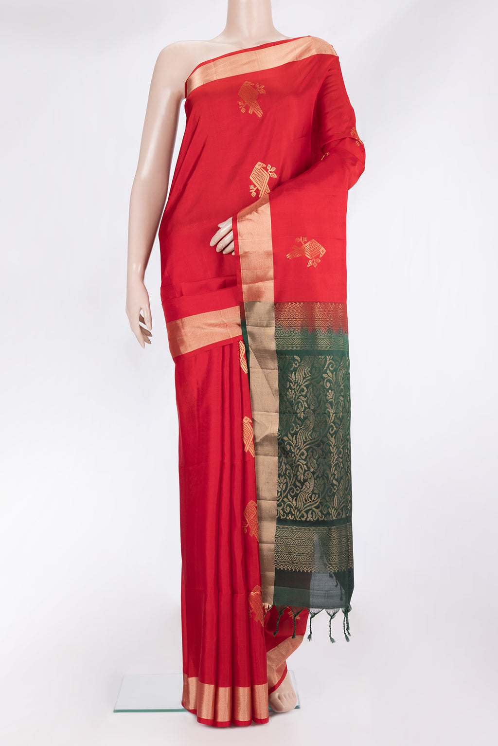 Pure Silk Red Soft Saree with Zari Butta on the body and Zari Border.  displayed on a mannequin