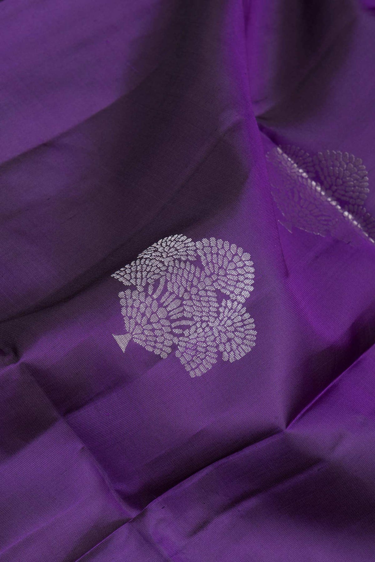 Close up of Purple Soft Silk Saree with Zari Butta on the body and Zari Border.  displaying folds