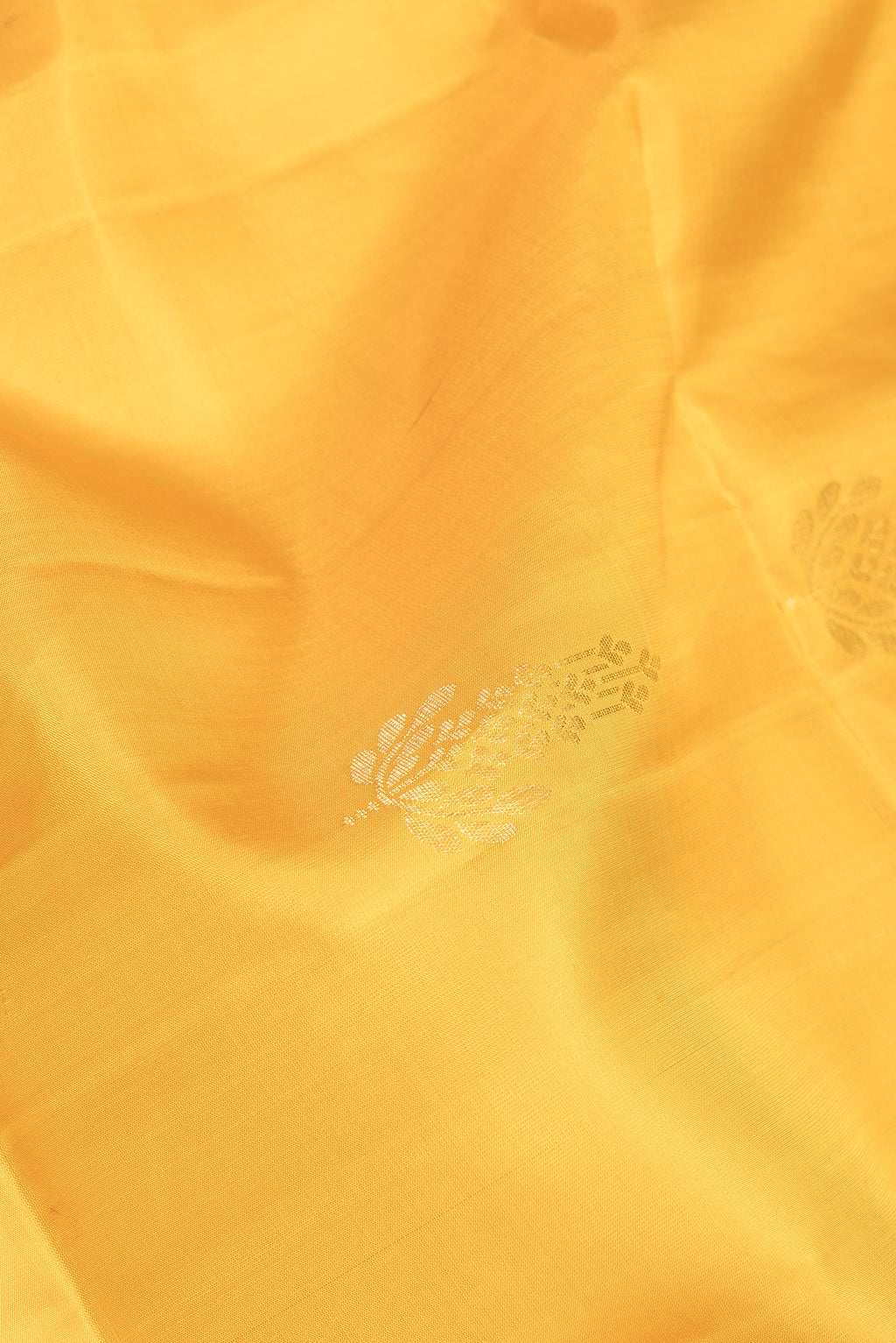 Close up of Yellow Soft Silk Saree with Zari Butta on the body and Zari Border.  displaying folds