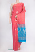 Pure Silk Coral Soft Saree with Zari Butta on the body and Zari Border.  displayed on a mannequin