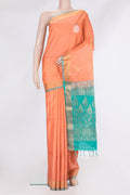 Pure Silk Orange Soft Saree with Zari Butta on the body and Zari Border.  displayed on a mannequin