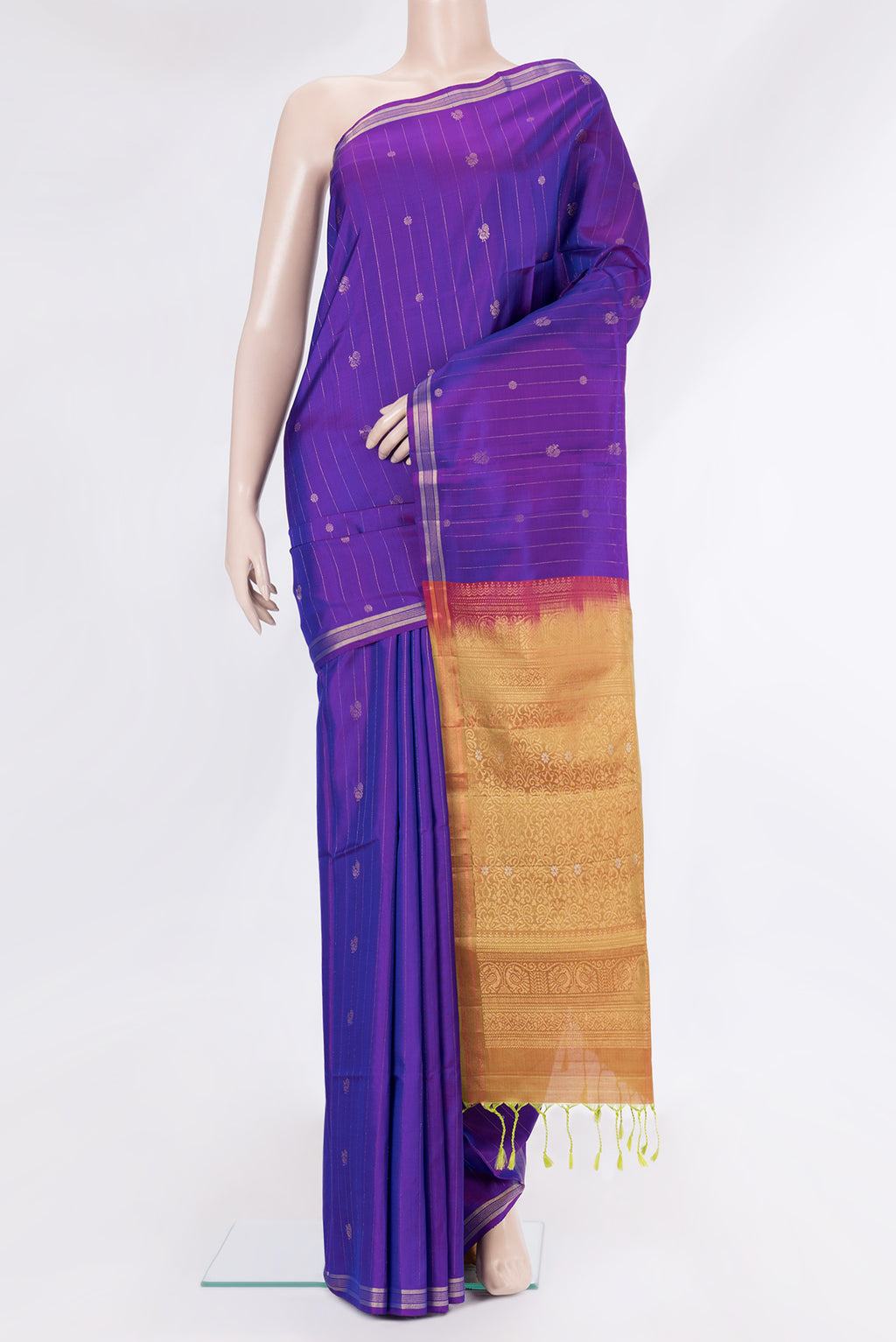 Purple Soft Silk Saree with Stripes on the body and Zari Border.  displayed on a mannequin