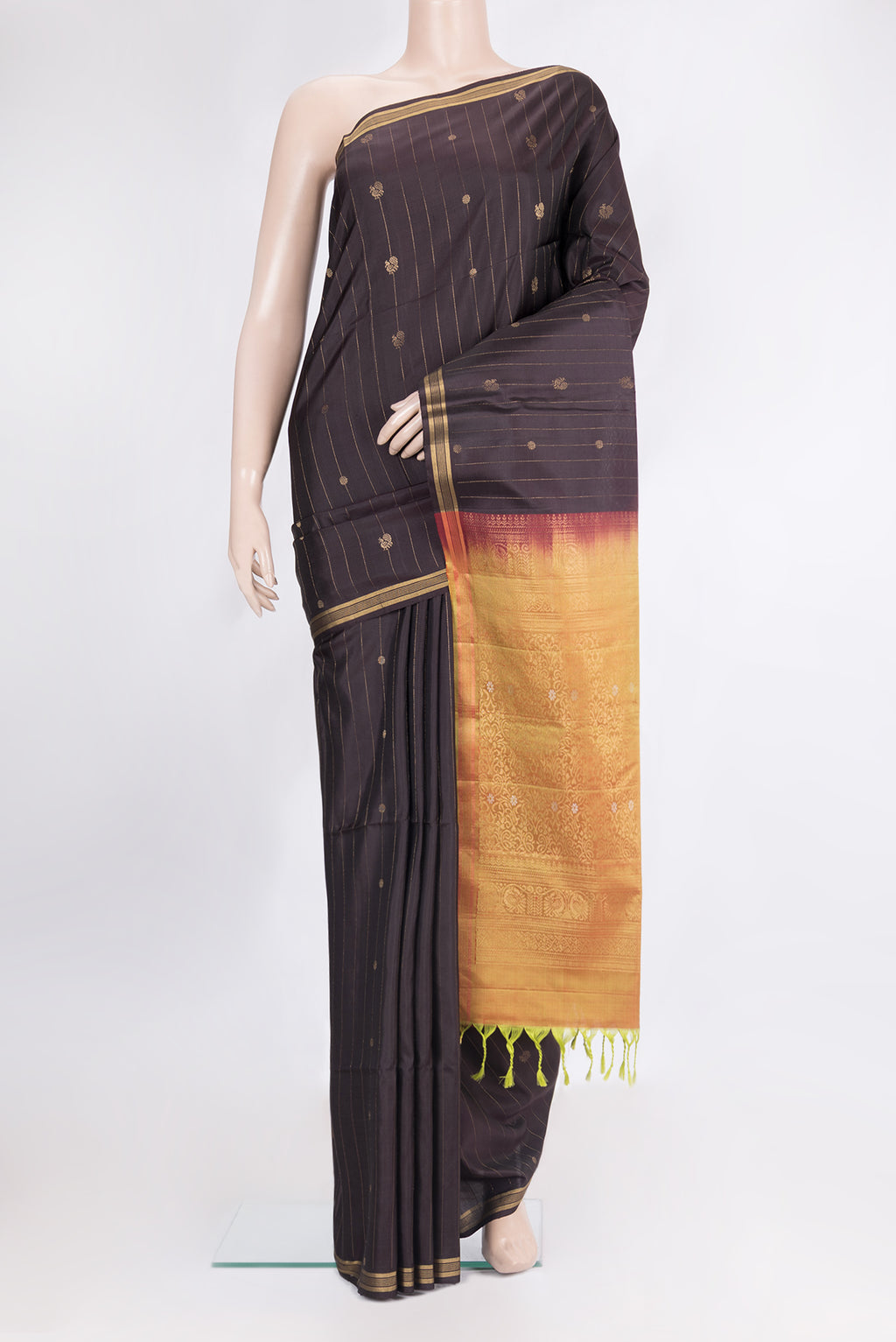 Pure Silk Brown Soft Saree with Stripes on the body and Zari Border.  displayed on a mannequin