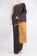Pure Silk Brown Soft Saree with Stripes on the body and Zari Border.  displayed on a mannequin