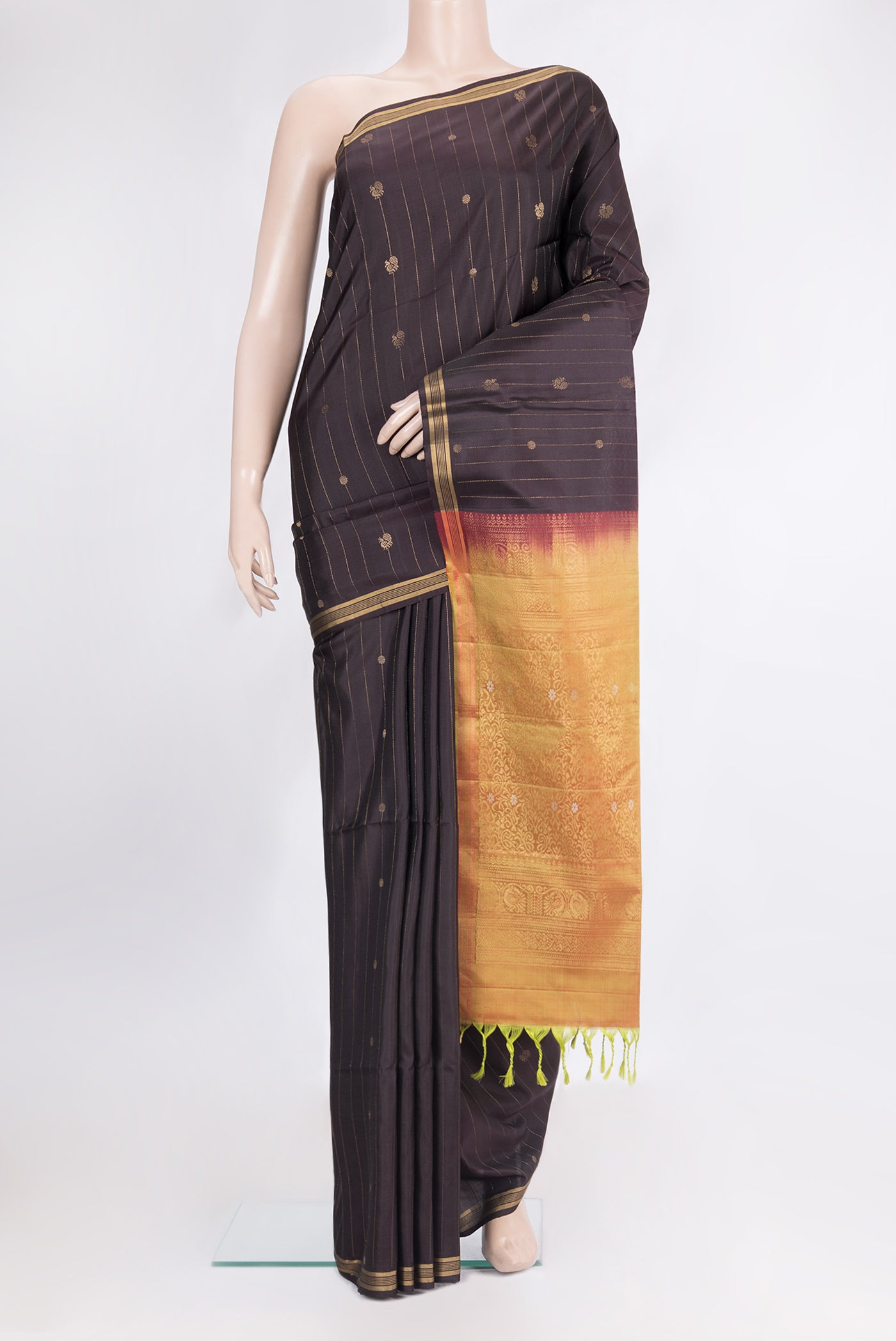 Pure Silk Brown Soft Saree with Stripes on the body and Zari Border.  displayed on a mannequin