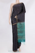 Pure Silk Black Soft Saree with Stripes on the body and Zari Border.  displayed on a mannequin