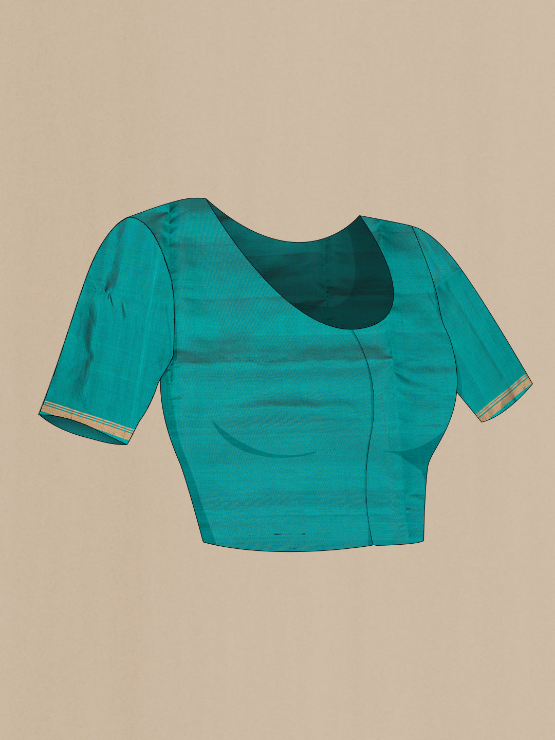 Close up image of the blouse of Mehandi Green Soft Silk Saree with Zari Butta on the body and Zari Border. 