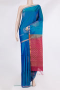 Pure Silk Peacock Blue Soft Saree with Zari Butta on the body and Zari Border.  displayed on a mannequin
