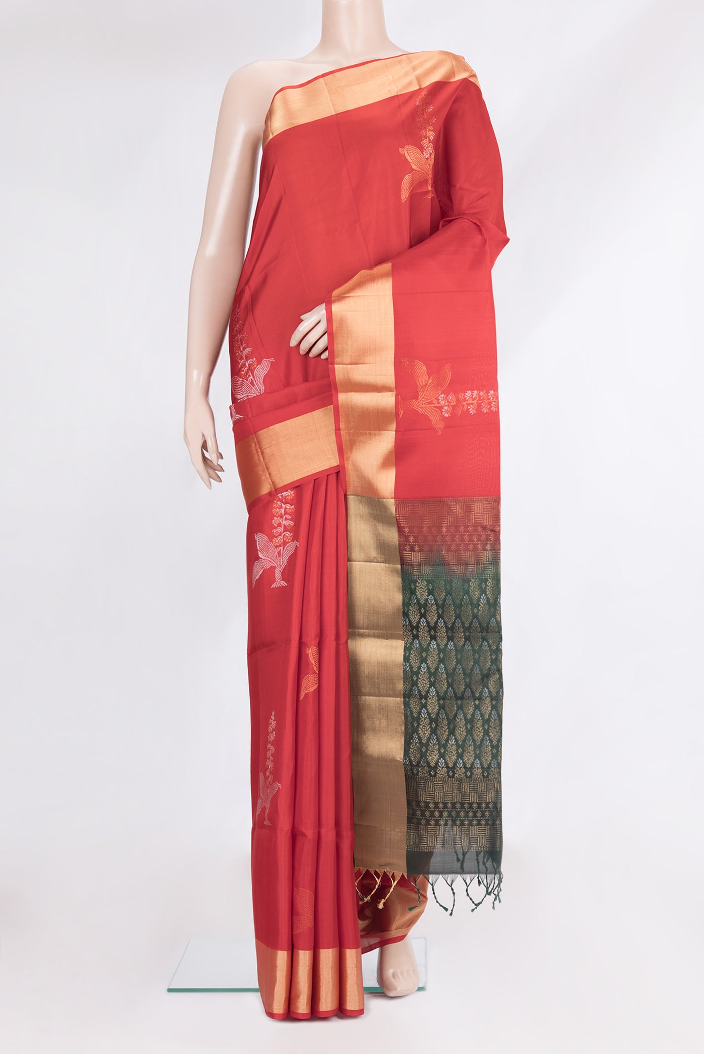 Pure Silk Red Soft Saree with Zari Butta on the body and Zari Border.  displayed on a mannequin