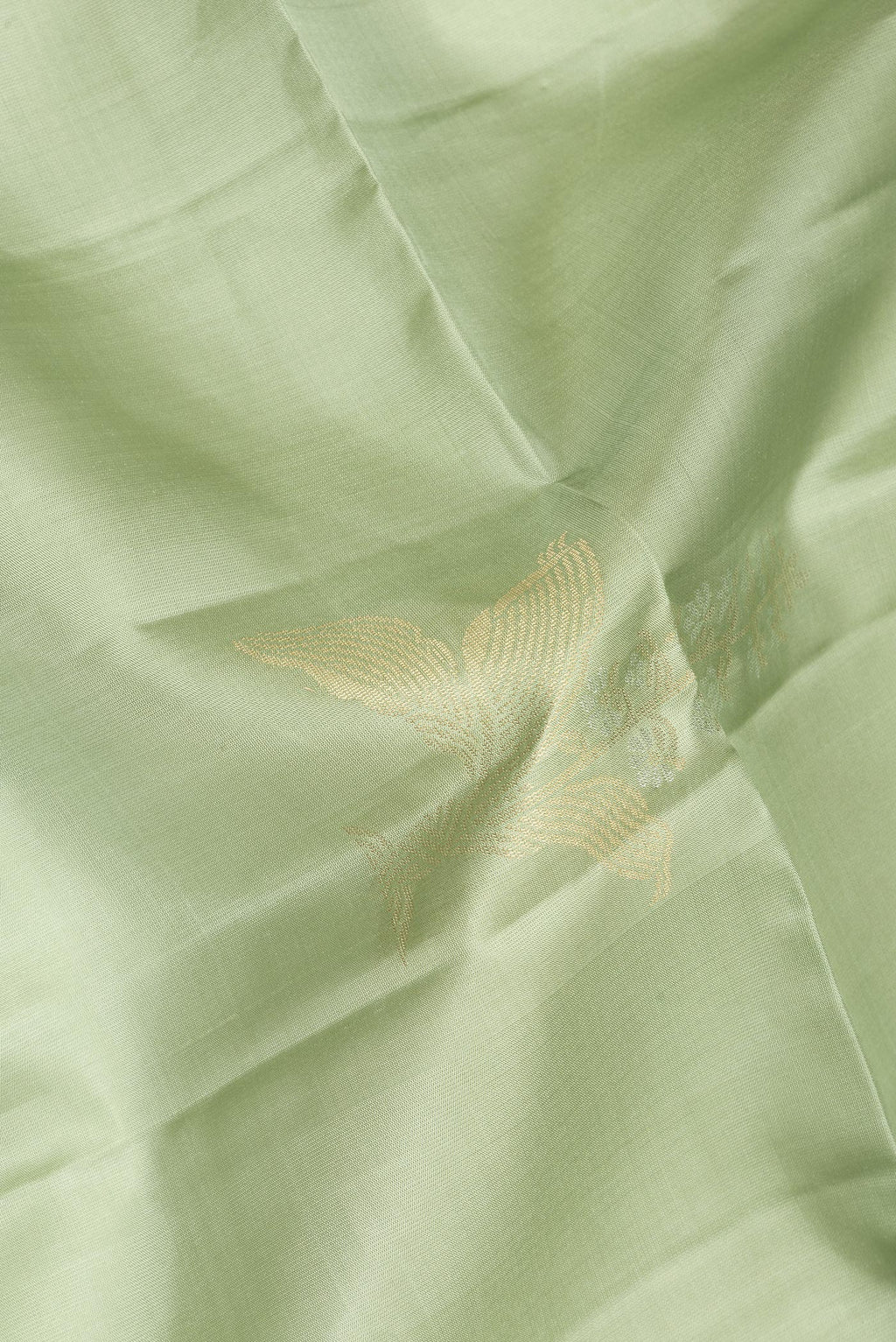 Close up of Pure Silk Pista Green Soft Saree with Zari Butta on the body and Zari Border.  displaying folds