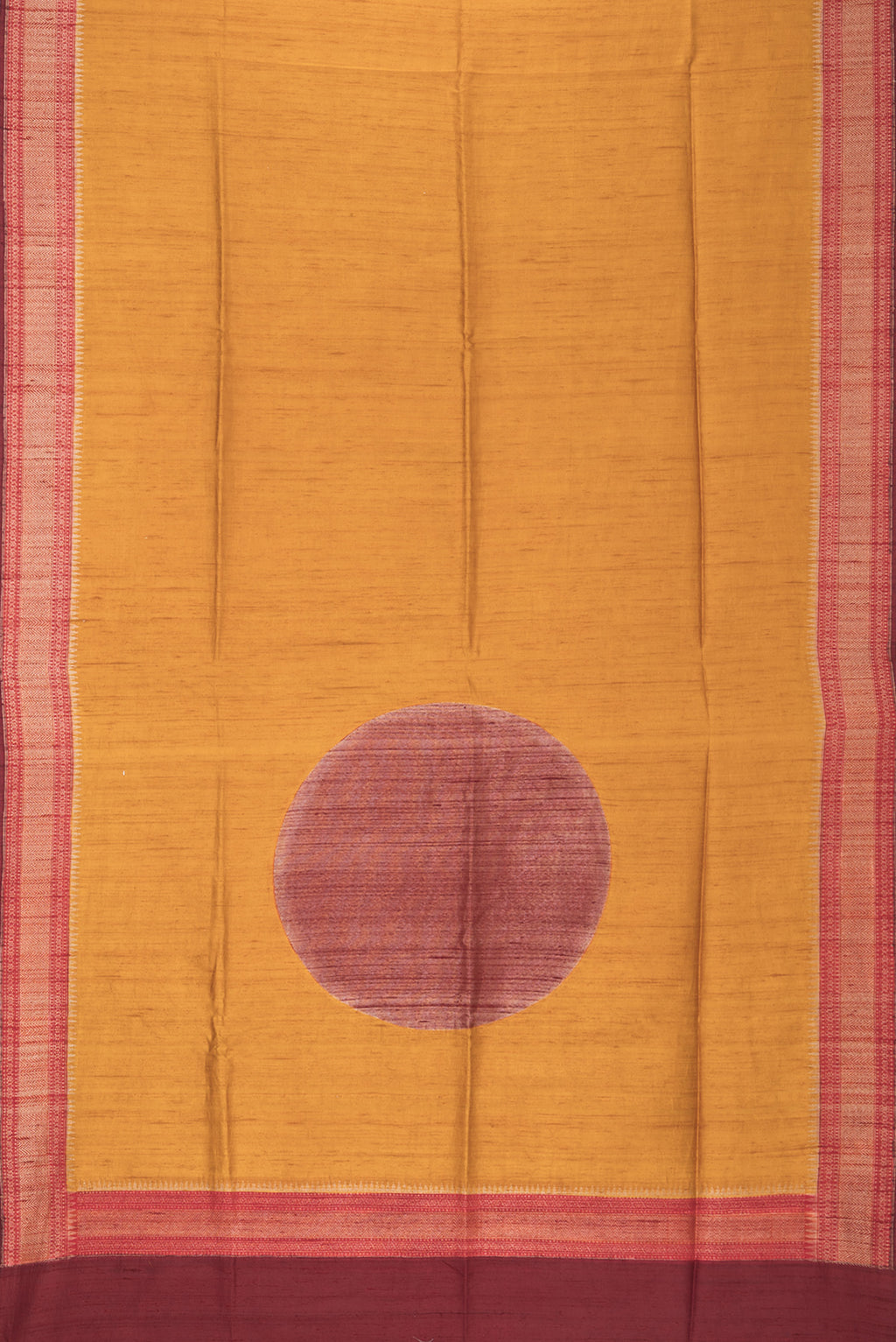 Flat view of Pure Silk Mustard Raw Saree with Plain Body and Zari Border. 