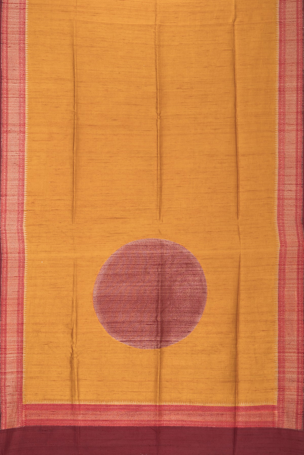 Flat view of Pure Silk Mustard Raw Saree with Plain Body and Zari Border. 