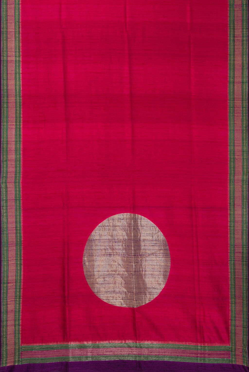 Flat view of Rani Pink Tussar Saree with Plain Body and Fancy Border. 