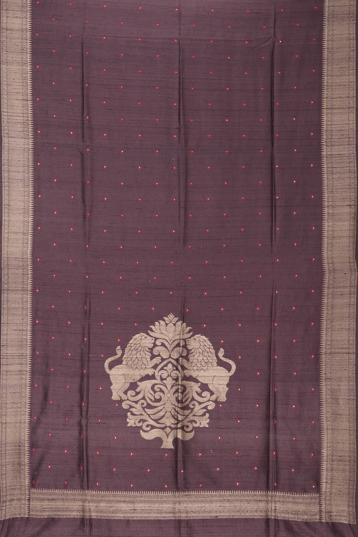 Flat view of Pure Silk Brown Raw Saree with Embroidery on the body and Zari Border. 