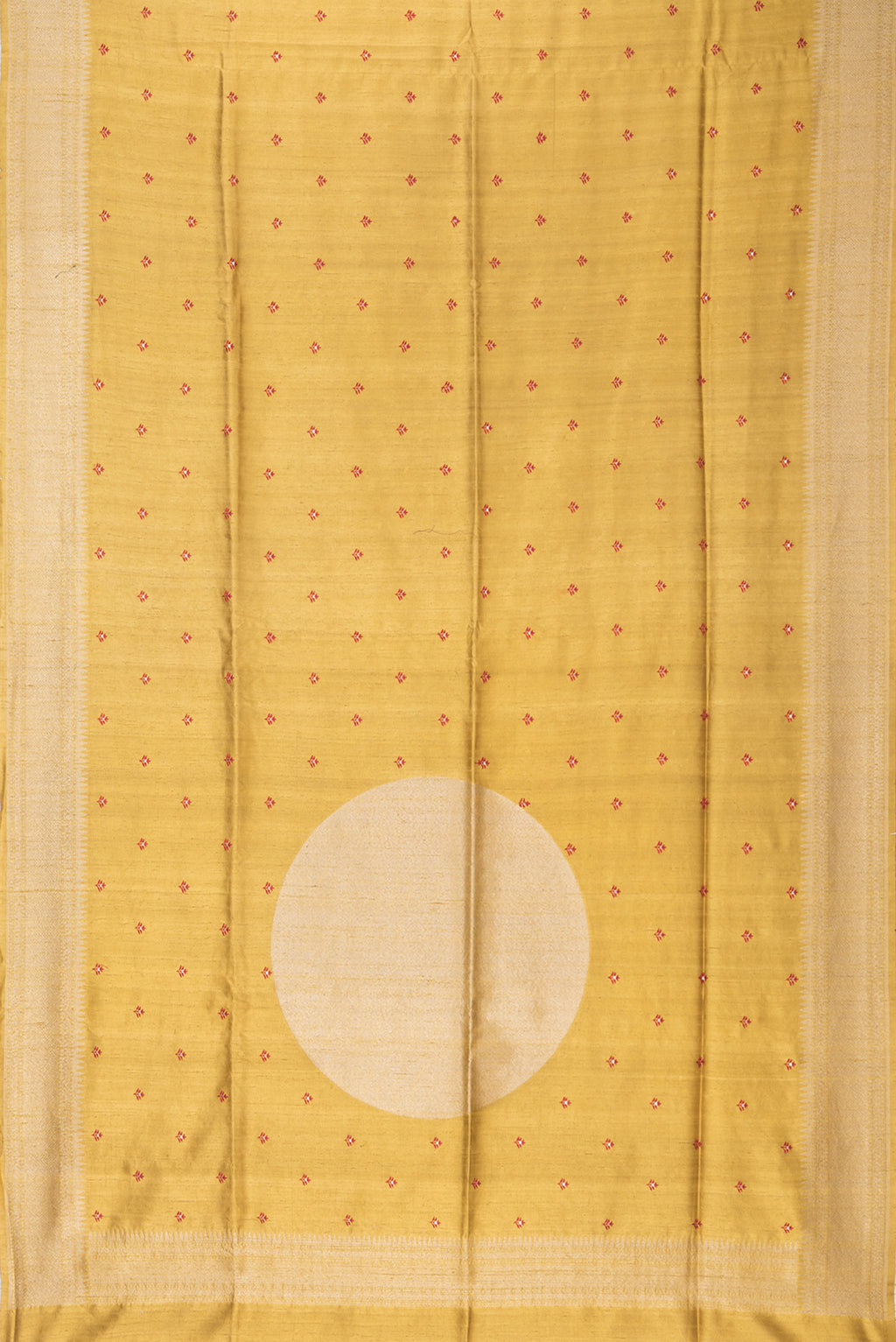 Flat view of Pure Silk Gold Dual Tone Raw Saree with Embroidery on the body and Zari Border. 