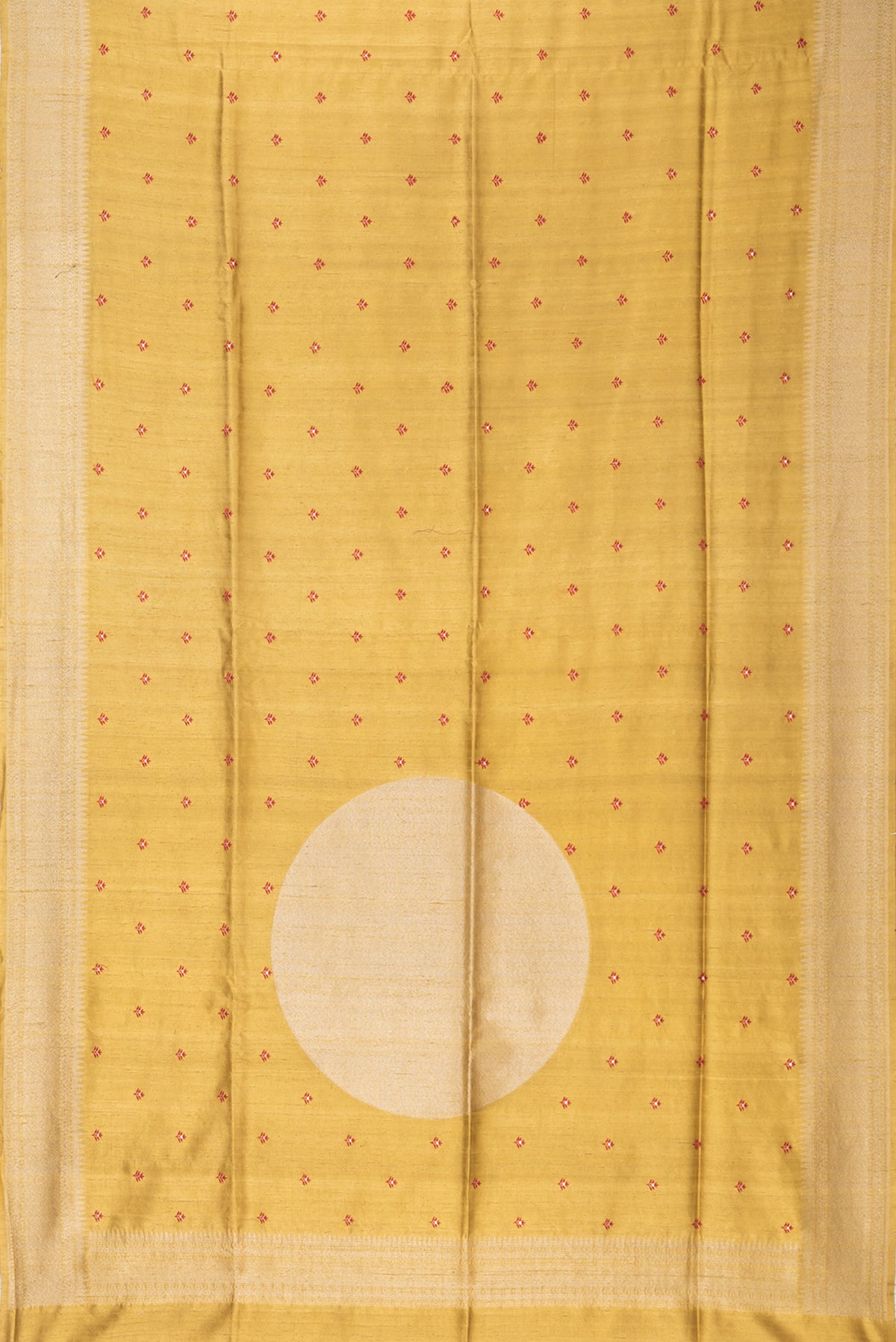 Flat view of Pure Silk Gold Dual Tone Raw Saree with Embroidery on the body and Zari Border. 