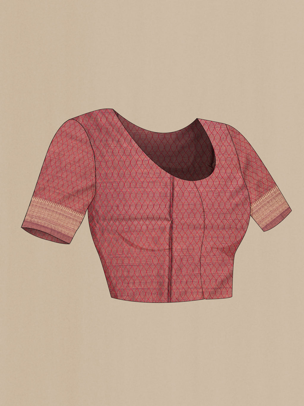 Close up image of the blouse of Brown Tussar Saree with Thread Butta on the body and Fancy Border. 