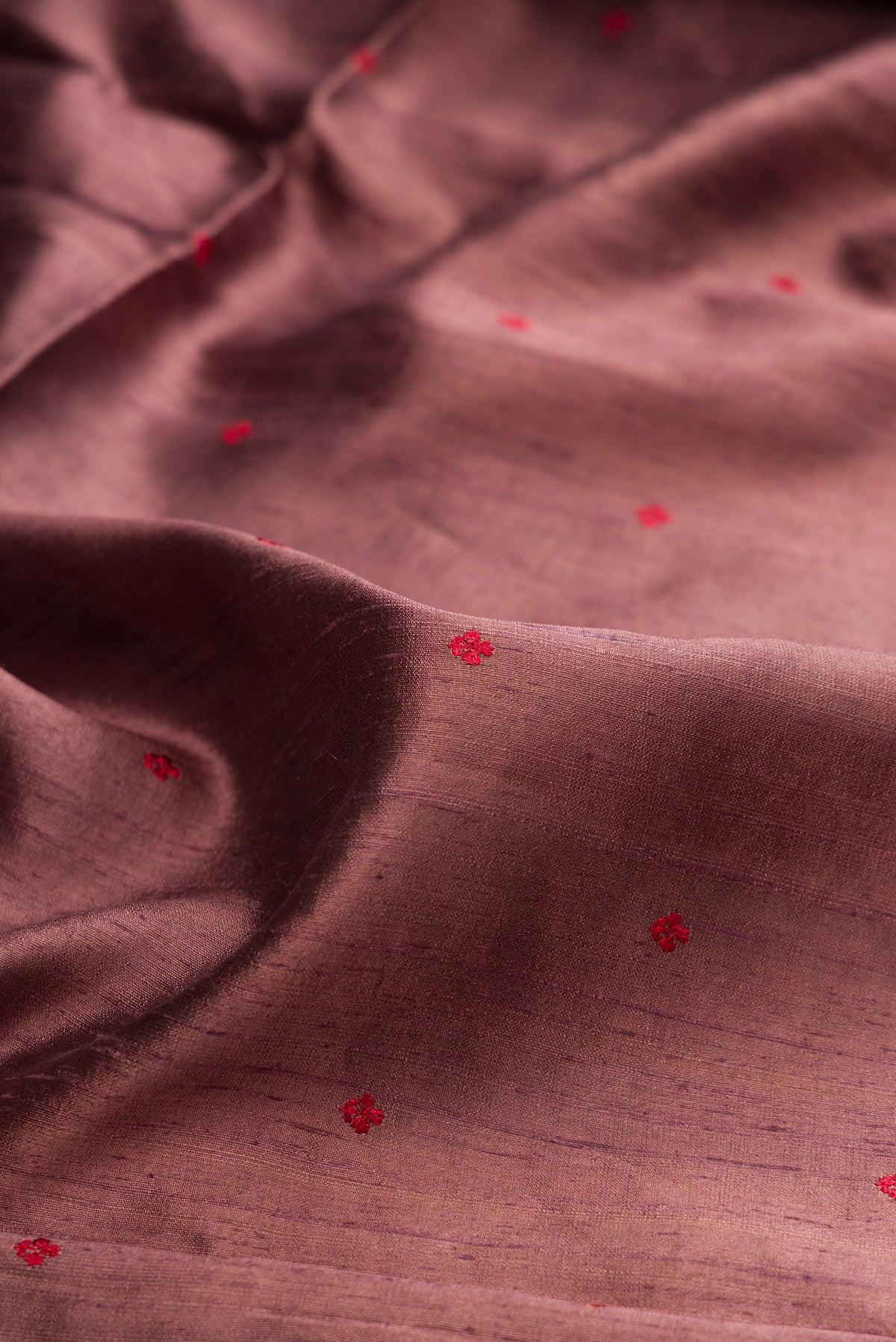 Close up of Brown Tussar Saree with Thread Butta on the body and Fancy Border.  displaying folds