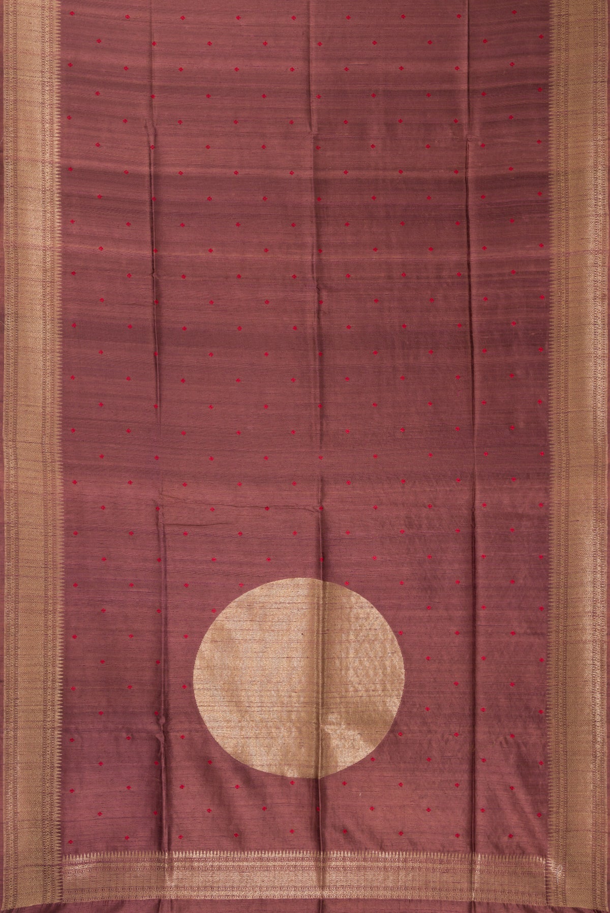 Flat view of Brown Tussar Saree with Thread Butta on the body and Fancy Border. 