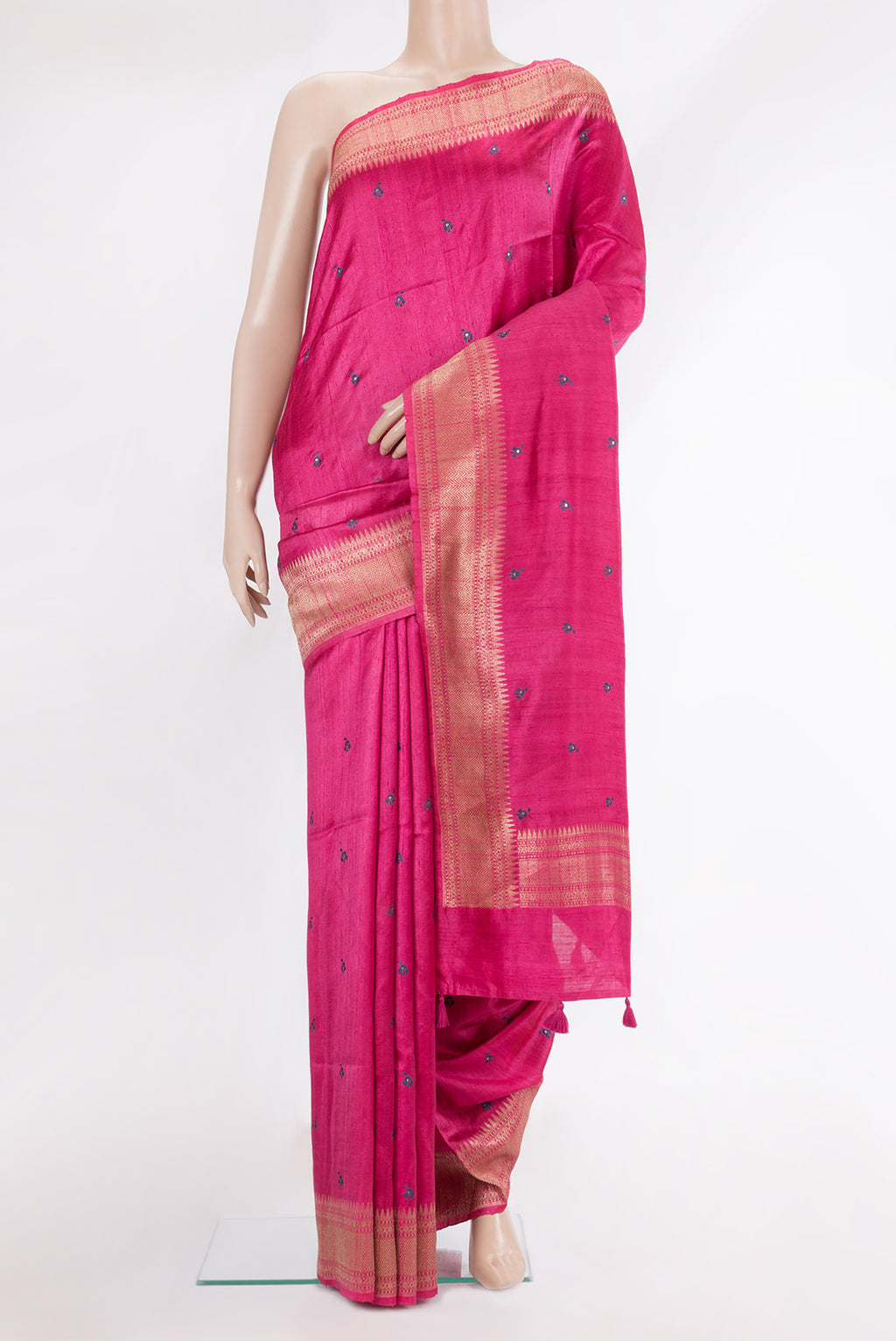 Pure Silk Pink Raw Saree with Embroidery on the body and Zari Border.  displayed on a mannequin