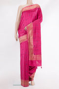 Pure Silk Pink Raw Saree with Embroidery on the body and Zari Border.  displayed on a mannequin