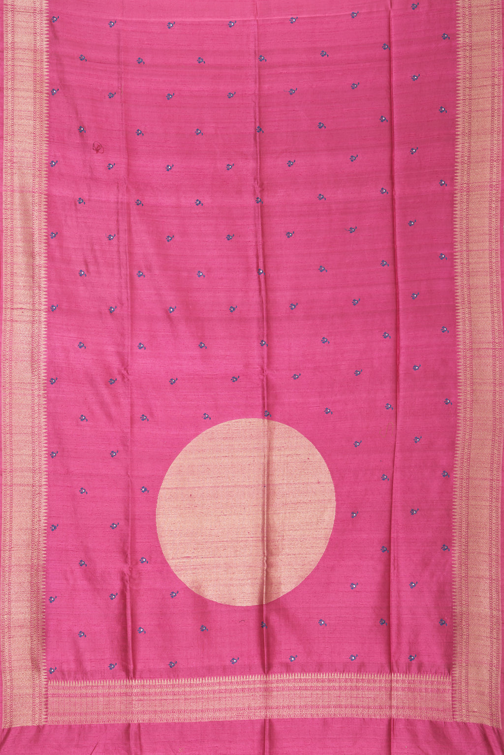 Flat view of Pure Silk Pink Raw Saree with Embroidery on the body and Zari Border. 