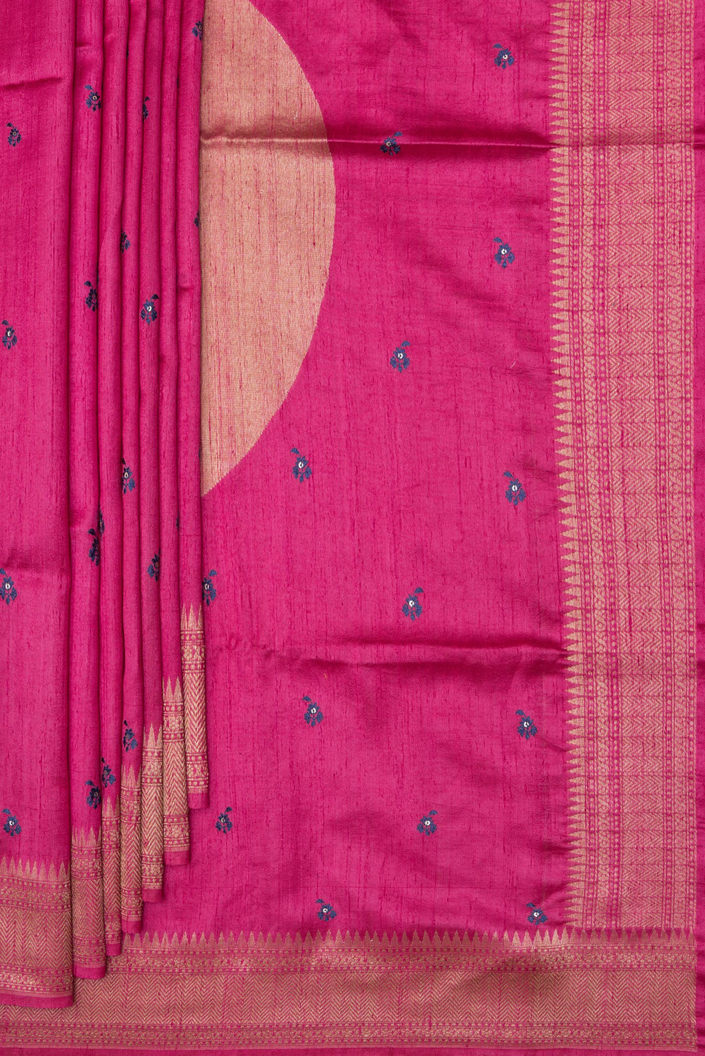 Pleats and pallu of Pure Silk Pink Raw Saree with Embroidery on the body and Zari Border. 