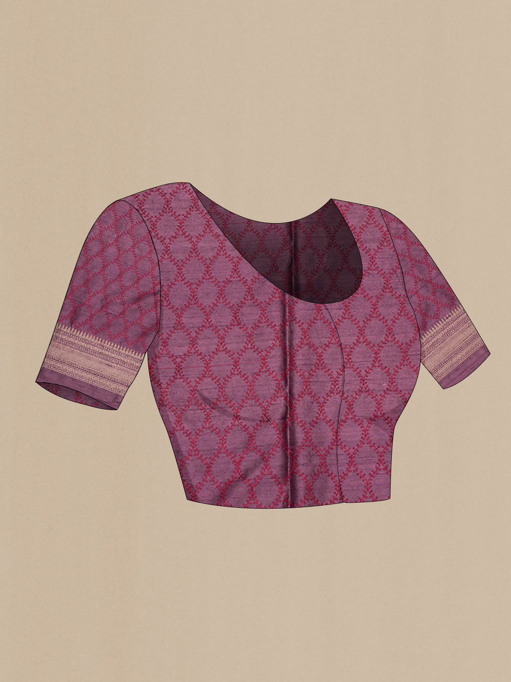 Close up image of the blouse of Pure Silk Mauve Dual Tone Raw Saree with Embroidery on the body and Zari Border. 