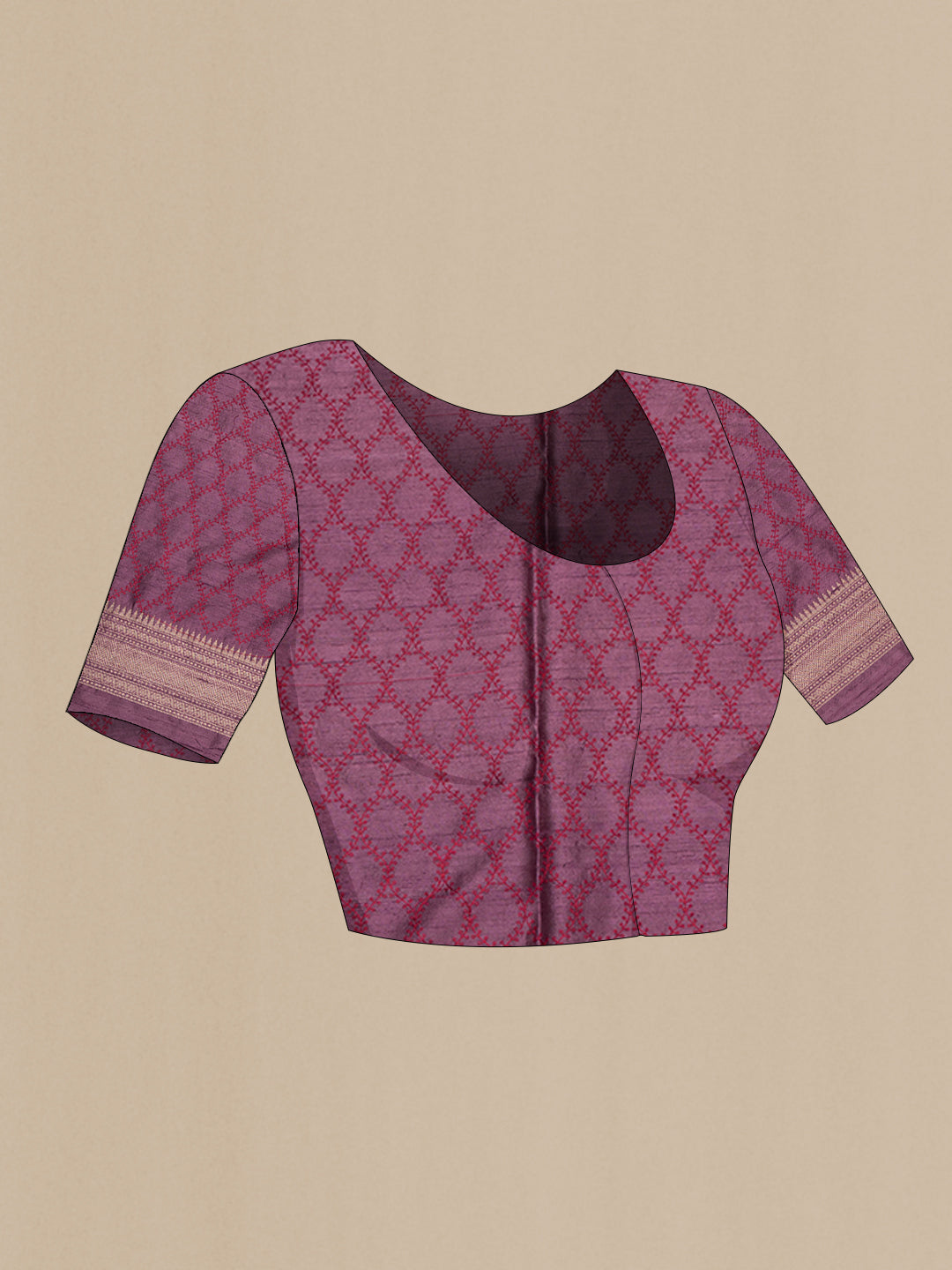 Close up image of the blouse of Pure Silk Mauve Dual Tone Raw Saree with Embroidery on the body and Zari Border. 