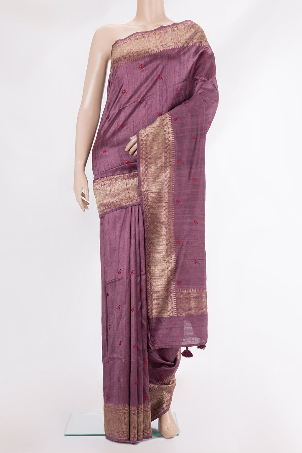 Pure Silk Mauve Dual Tone Raw Saree with Embroidery on the body and Zari Border.  displayed on a mannequin
