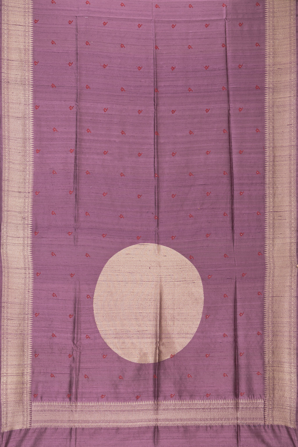 Flat view of Pure Silk Mauve Dual Tone Raw Saree with Embroidery on the body and Zari Border. 